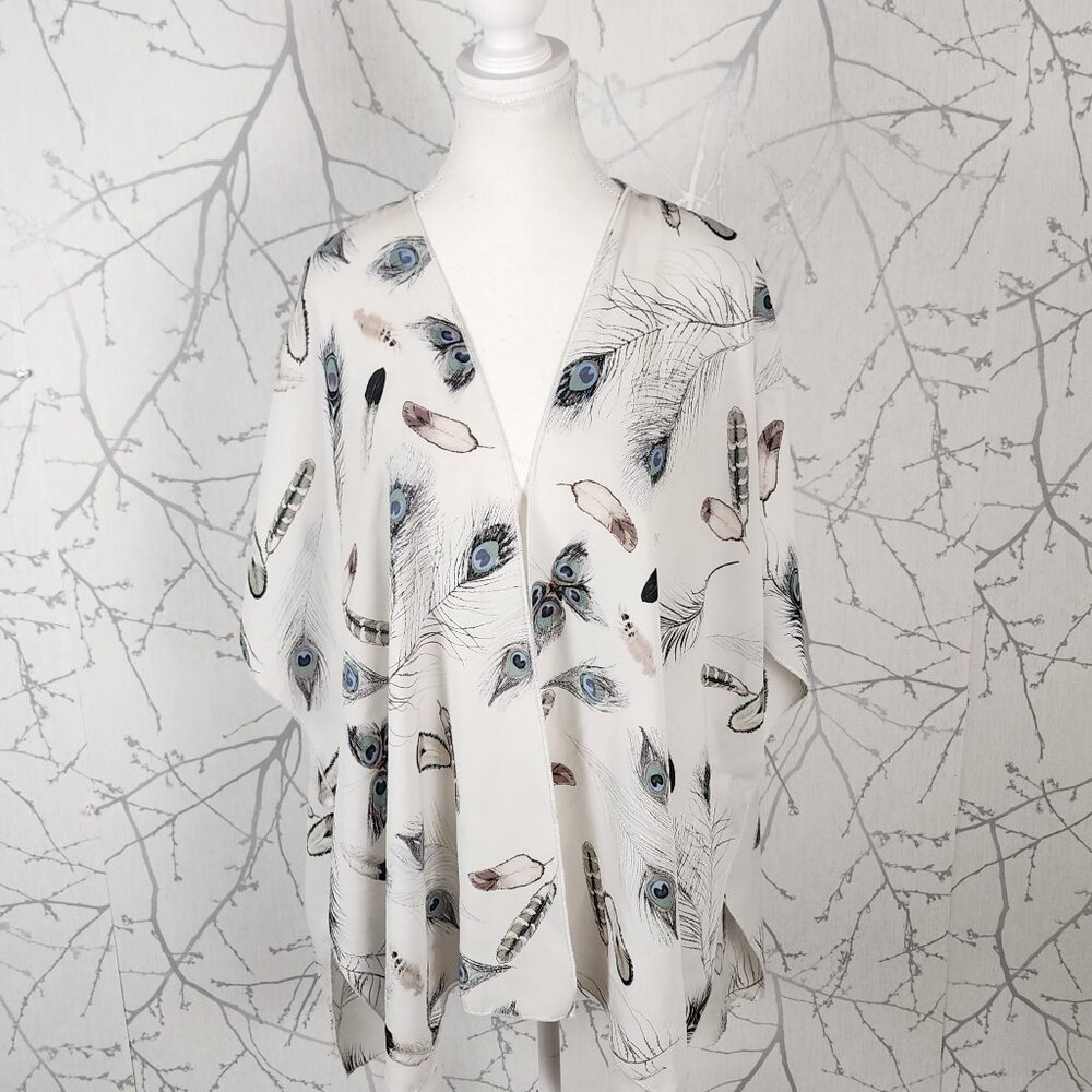 Eclipse White Peacock Feather Print Open Front Cardigan
